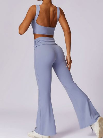 Liana | Hellblau High-Waist Flare Leggings mit Faltbund