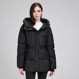 Damen wattierter Kapuzenparka mit taillierbarem Kordelzug und Rippbündchen – Schwarz