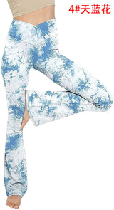 Damen nan taillenhohe Yogahose mit überkreuztem Bund und ausgestelltem Saum mit Schlitz Drune – Tie-Dye Hellblau