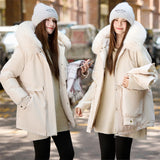 Damen kurzer Thermoparka mit abnehmbarem Kunstfellkragen und Taschen – Offwhite