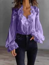 Damen Bluse Mit Langen Puffärmeln Und Spitze – Elegantes Vintage Oberteil – Lila