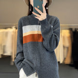 Damen Strickjacke mit Streifen und Reissverschluss – Grau