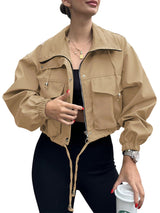 Damen Kurzjacke mit Kordelzug und elastischen Bündchen – Khaki