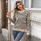 Damen Leopard-Print Rundhals Langarmpullover mit Rüsche – Khaki