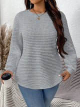 Damen nan Waffelstrick Longsleeve mit Rundhalsausschnitt, leicht A-Linien-Schnitt und gerippten Bündchen Drune – Silbergrau