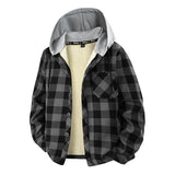 Herren kariertes Overshirt mit Kapuze, Brusttasche und Druckknopfverschluss – Schwarz-Grau