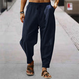 Herren nan entspannte Harem-Loungehose aus Leinenmix mit weitem Bein, elastischem Bund, Kordelzug und seitlichen Eingrifftaschen Drune – Navyblau