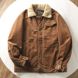 Herren gefütterte Cordjacke mit Teddykragen und Knopfleiste – Kaffeebraun