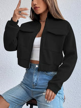 Damen cropped Freizeitjacke mit Taschen und Reißverschluss – Schwarz
