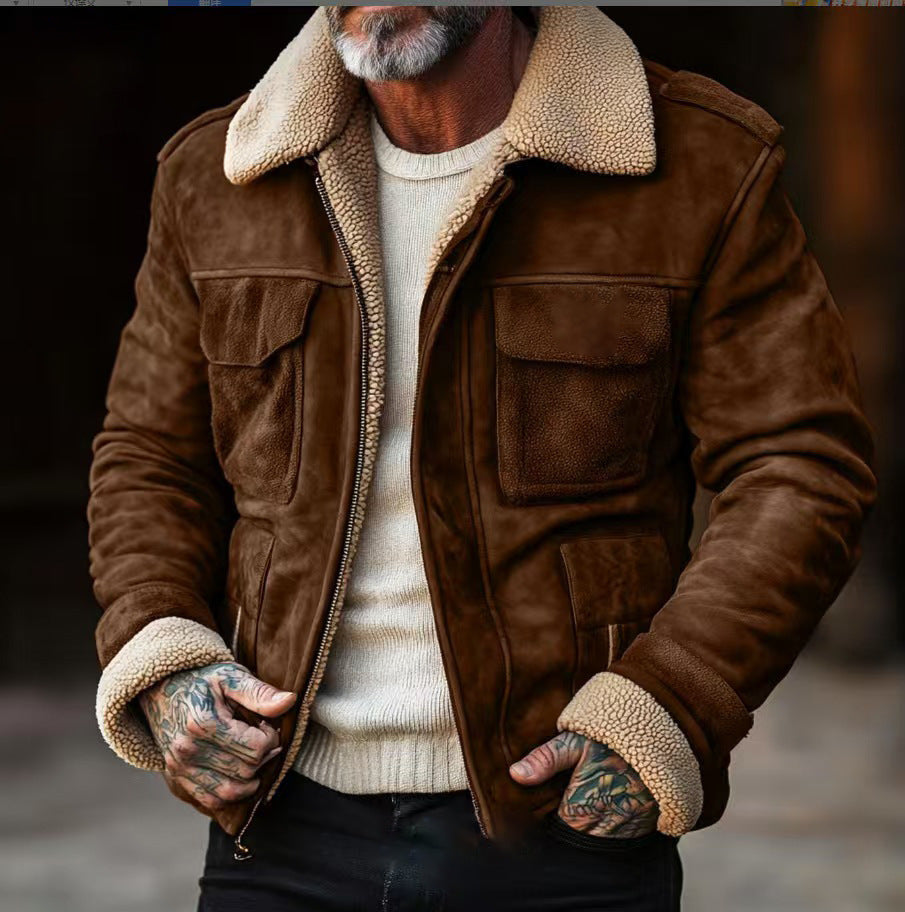 Herren Vintage-Lederjacke mit Teddyfellkragen und praktischen Taschen Aliams