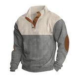 Herren nan rustikaler gerippter Pullover mit Henley-Kragen und lederartigen Ellbogenbesätzen Drune – Apricot+Grau