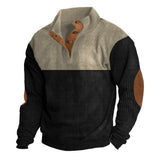 Herren nan gerippter Pullover mit Stehkragen, Knopfleiste und Ellbogen-Patches Drune – Khaki + Schwarz