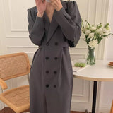 Damen zweireihiges Blazerkleid mit Puffärmeln und langem Revers – Grau