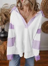 Damen Oversized V-Ausschnitt Gestreifter Sweatshirt – Weiß mit Lila