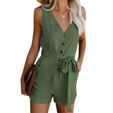 Damen Ärmelloser Knopf Playsuit – Sommer Jumpsuit Mit Gürtel – Olivgrün