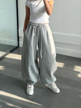 Damen Bequeme Weite Hose Mit Elastischem Bund – Locker Geschnittene Hose – Hellgrau