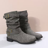Damen nan lässiger mittlerer Schaftstiefel mit weichem Slouch-Effekt, dekorativen Schnallenriemen und robustem Blockabsatz Drune – Grau