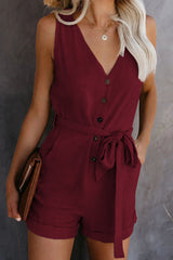Damen Ärmelloser Knopf Playsuit – Sommer Jumpsuit Mit Gürtel – Rot