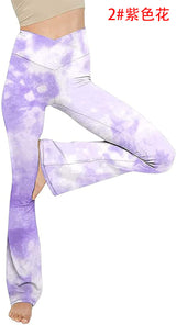 Damen nan taillenhohe Yogahose mit überkreuztem Bund und ausgestelltem Saum mit Schlitz Drune – Tie-Dye Lila