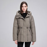 Damen wattierter Kapuzenparka mit taillierbarem Kordelzug und Rippbündchen – Grau