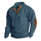 Herren nan grober Rippstrick-Pullover mit Stehkragen, Knopfleiste und markanten Ellenbogenpatches Drune – Jeansblau