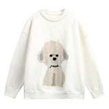 Damen Oversized Rundhals Pullover mit Hundemotiv – Wolken Weiß