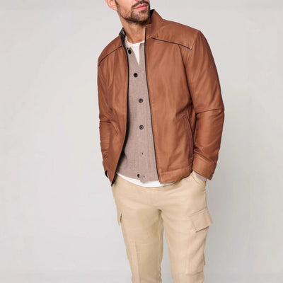 Herren stylische Lederjacke mit modernem Stehkragen und dezenten Kontrastnähten Aliams