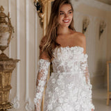 Boho-Hochzeitskleid mit Blumenmuster für Damen – Elegantes, romantisches Brautkleid mit langen Ärmeln – Weiß