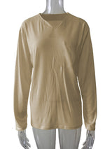 Damen nan legeres Langarmshirt mit V-Notch-Ausschnitt, Brusttasche und lockerer Oversize-Passform Drune – Khaki - ohne Tasche, Langarm