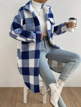 Damen Langmantel mit Karomuster und Taschen – Blau-Weiße Karos