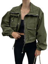 Damen Kurzjacke mit Kordelzug und elastischen Bündchen – Olivgrün