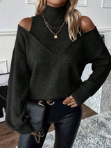 Bettina | Damen Off-Shoulder Rollkragenpullover Aus Strick – Schwarz