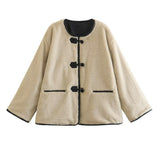 Damen Cropped Rundhalsjacke mit Taschen – Beige