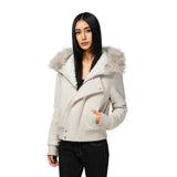 Damen kurze Bomberjacke mit voluminöser Kapuze und Daumenlochbündchen – Offwhite