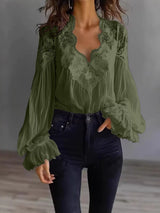 Damen Bluse Mit Langen Puffärmeln Und Spitze – Elegantes Vintage Oberteil – Olivgrün