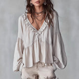 Damen Fließendes Oberteil Mit Raffungen Und V-Ausschnitt – Locker Elegante Bluse – Milchweiß