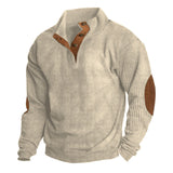 Herren nan grober Rippstrick-Pullover mit Stehkragen, Knopfleiste und markanten Ellenbogenpatches Drune – Apricot
