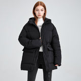 Damen mittellanger Thermoparka mit taillierendem Tunnelzug und Kapuze – Schwarz