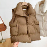 Damen wattierte Steppweste mit Schalkragen und verstellbarem Kordelsaum – Khaki