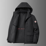 Herren gefütterte Softshell-Winterjacke mit Kapuze und Multifunktionstaschen – Schwarz
