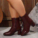 Damen Stiefeletten mit Blockabsatz und vielseitigem Design – Weinrot