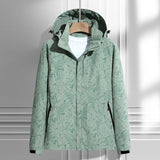 Damen leichte Regen- und Windjacke mit Kapuze und Blattmuster – Damen - Bohnengrün