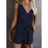 Damen Ärmelloser Knopf Playsuit – Sommer Jumpsuit Mit Gürtel – Dunkelblau
