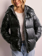 Damen Steppjacke mit verstellbarer Kapuze und Reißverschlusstaschen – Schwarz