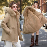 Damen kurzer Thermoparka mit abnehmbarem Kunstfellkragen und Taschen – Khaki