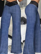 Damen nan hochtaillierte Schlaghose mit mehrreihiger Riemchen-Taille und weitem fließendem Bein Drune – Jeansblau