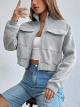 Damen cropped Freizeitjacke mit Taschen und Reißverschluss – Grau