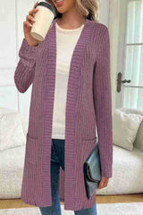 Damen Longline Langarm-Cardigan mit Taschen – Lila