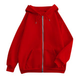 Damen weite Kapuzenjacke mit Reißverschluss, Kängurutaschen und Rippbündchen – Rot