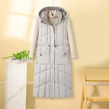 Damen lange Thermo-Steppweste mit Kapuze und Multifunktionstaschen – Offwhite